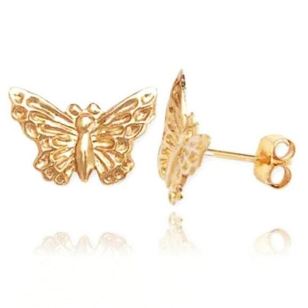 14K Solid Yellow Gold Butterfly Stamp Stud Pushback Stud Earrings Large 12x8mm